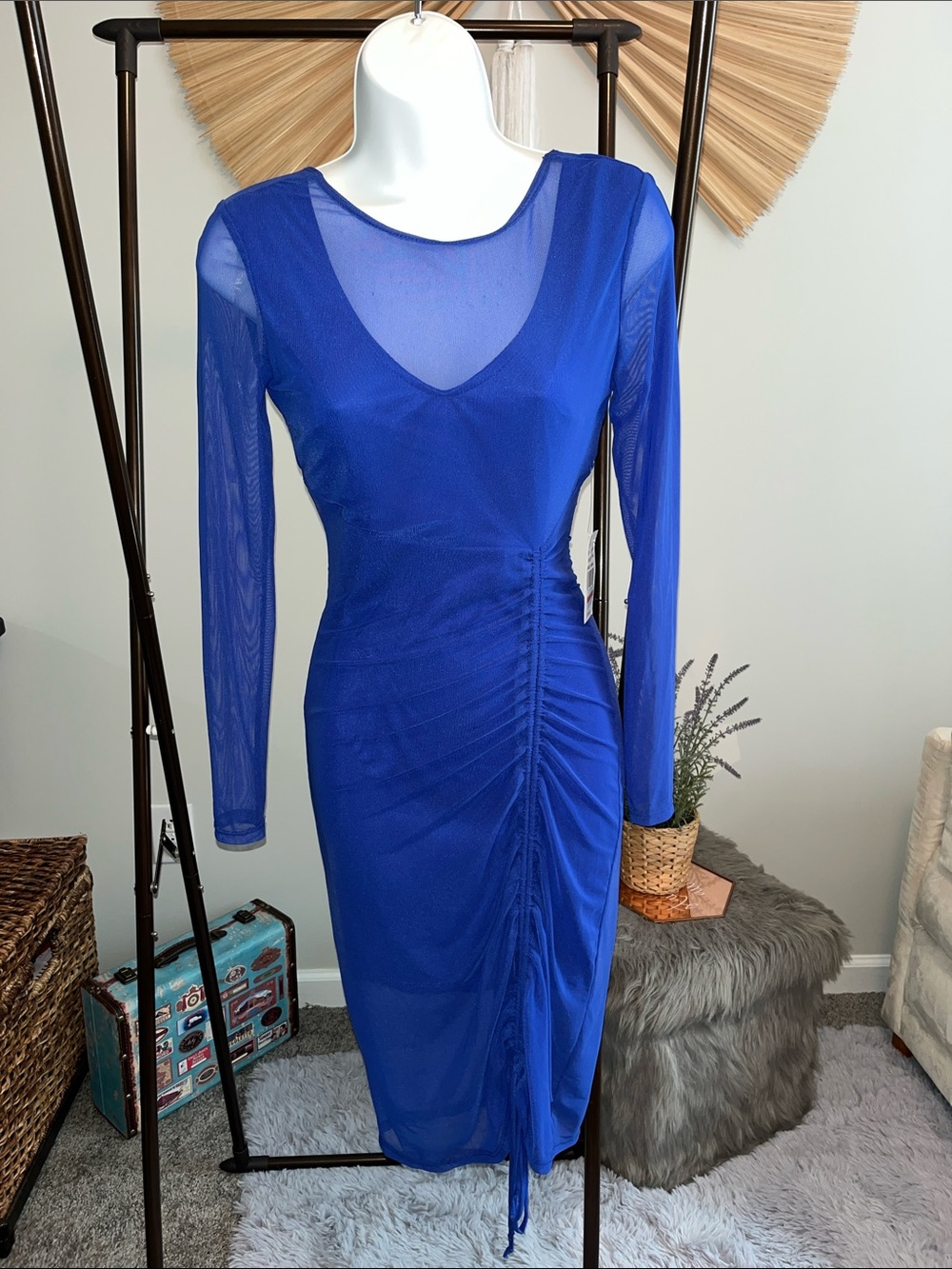 bebe Royal Blue Sheer-Sleeve Ruched Bodycon Dress